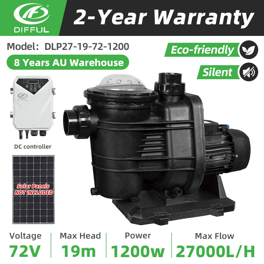 DIFFUL Solar Swimming Pool Pump, 19 M Head 27 m³/h Flow 1200 W 110 V DC For Household
