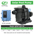 DIFFUL Solar Powered Pool Pump, 19 M Head 1200 W 85 V - 280 V AC/DC For Garden