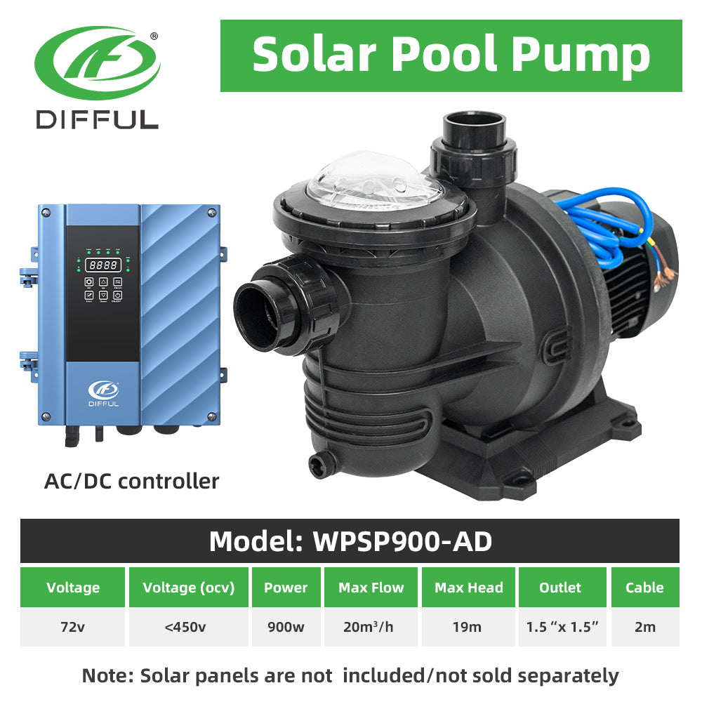 DIFFUL Solar Swimming Swimming Pool Pump, 19 M Head 900 W 85 V - 280 V AC/DC For Home & Garden